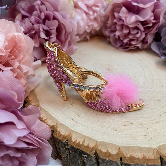 Pink Crystal High Heel Sandal with Pink Pom Pom Keychain Charm - Picture 3 of 11